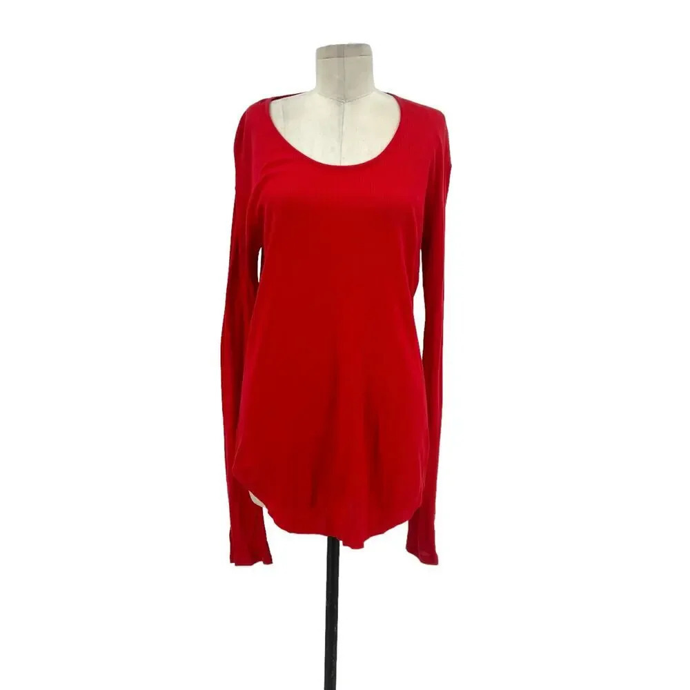 Balmain Red Cotton Ribbed Long Sleeve Scoop Neck Tee Shirt Size XL **Flawed
